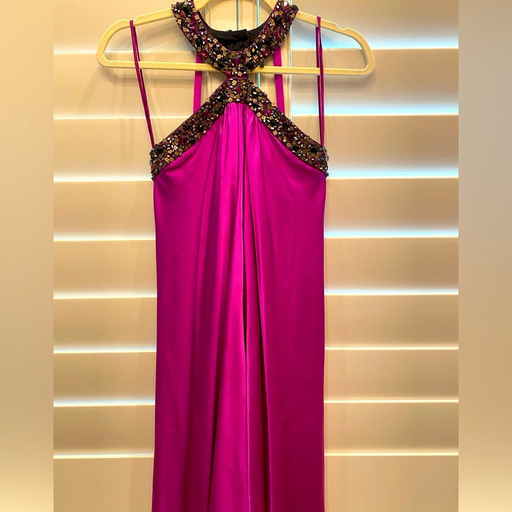 Gorgeous purple satin evening gown with rhinestones